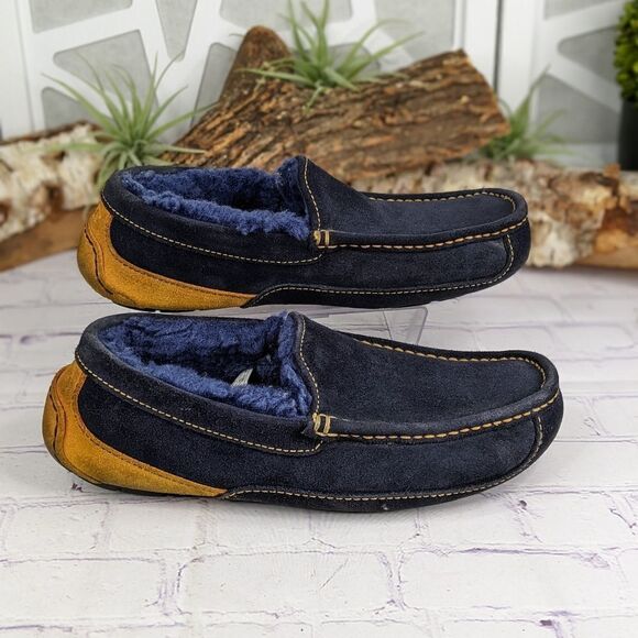 UGG Mens ASCOT Suede Shearling Lined Moccasin Slippers Blue/Yellow main image 6